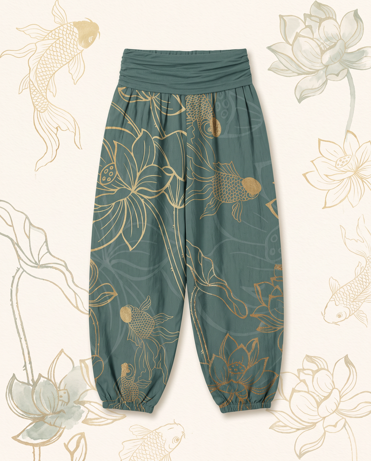 Koi harem pants on a linen bed in morning light - pants home hero