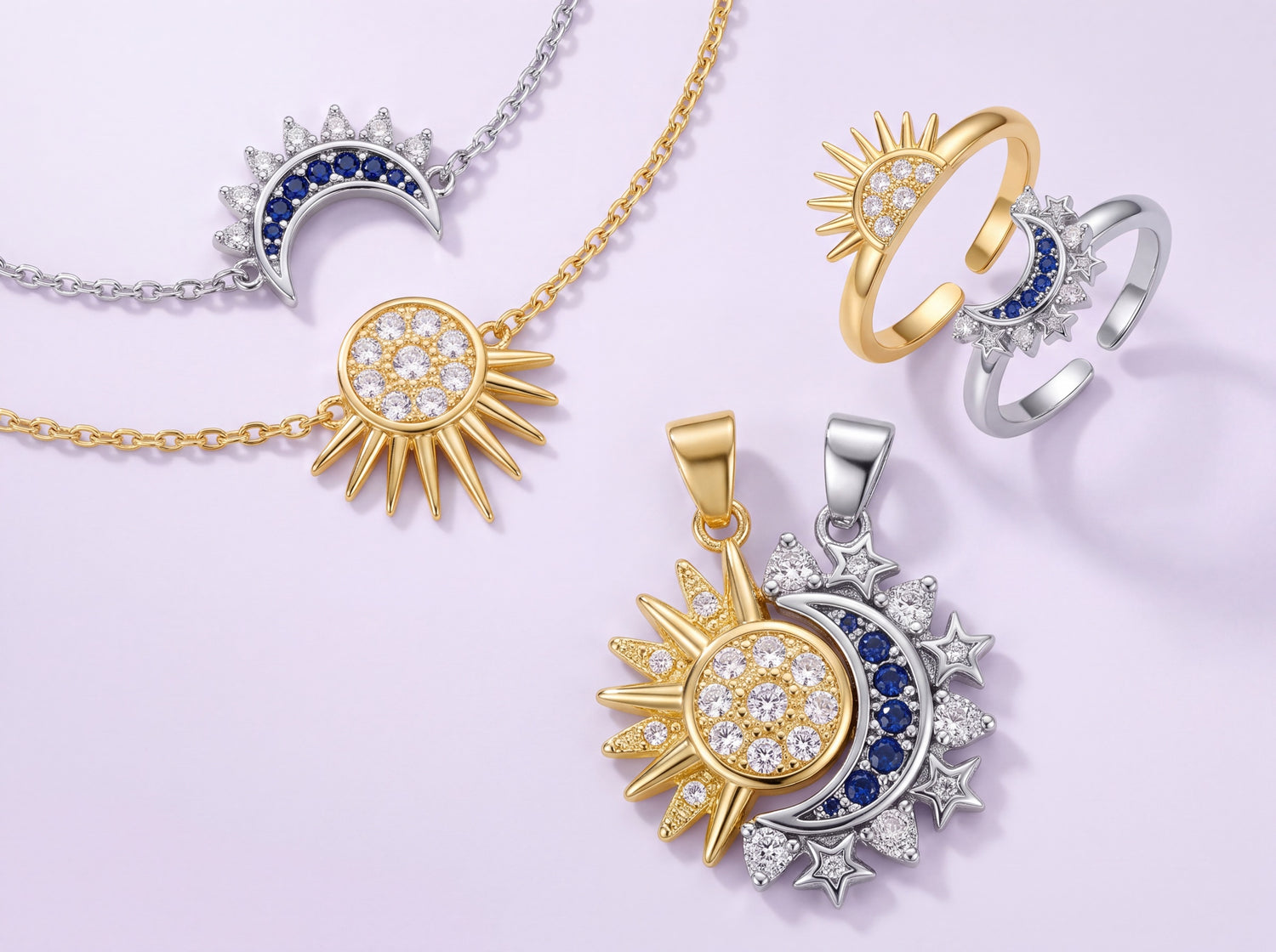 Sun and moon bracelet, ring and necklace sets photographed together