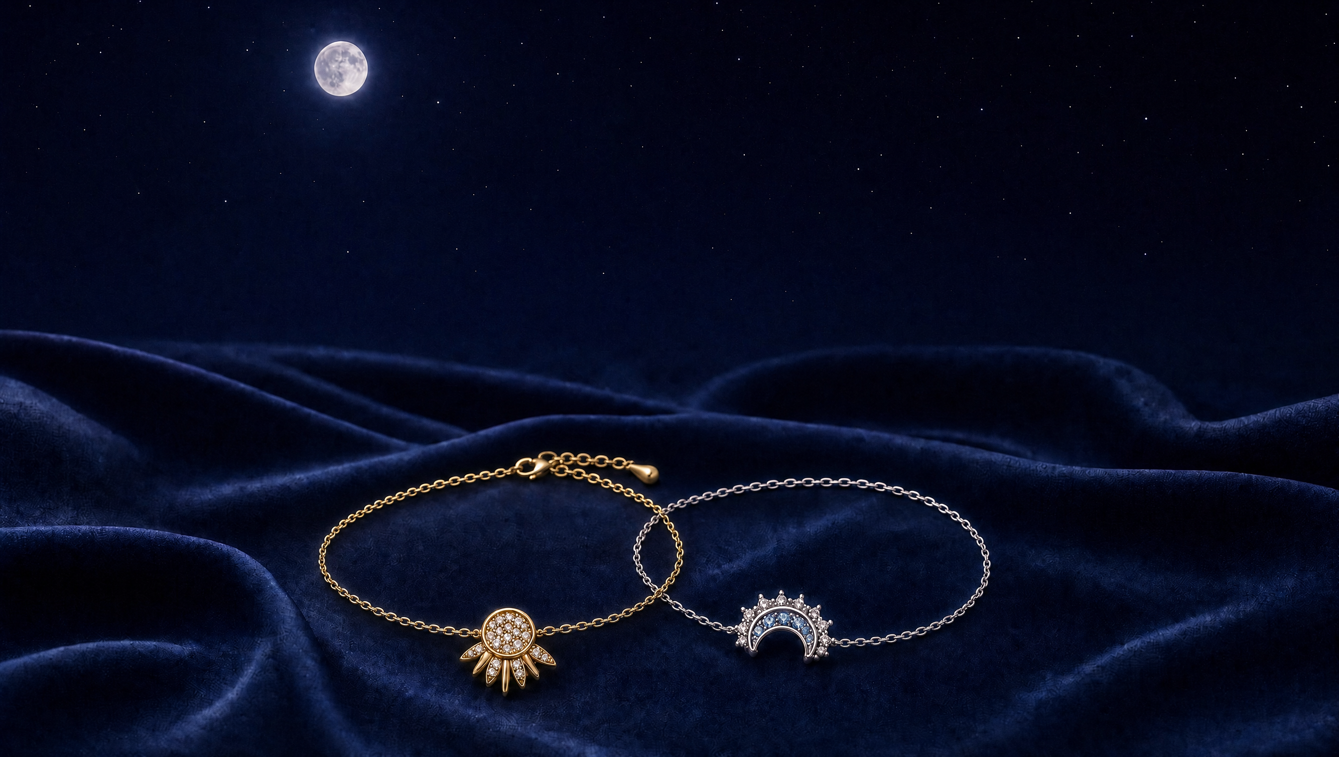 The sun and moon bracelets side by side on navy silk under a night sky