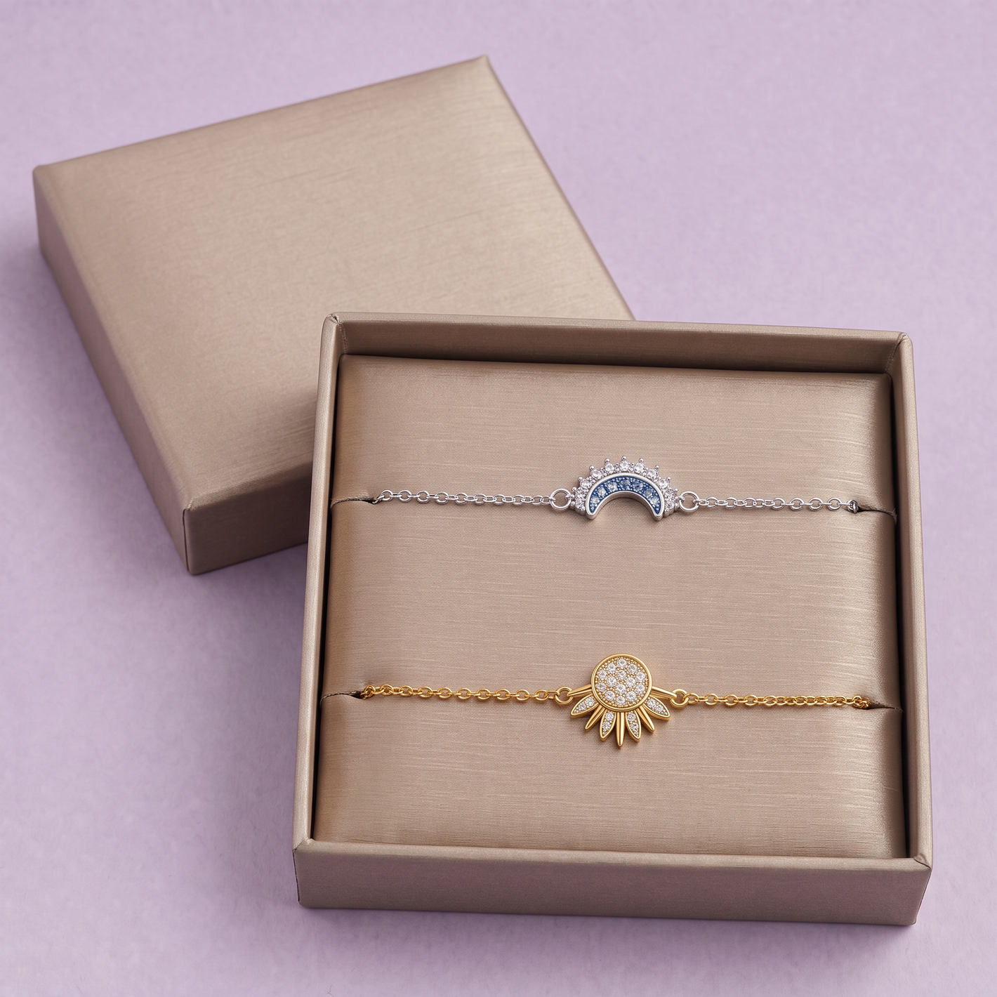 The pair in its taupe gift box