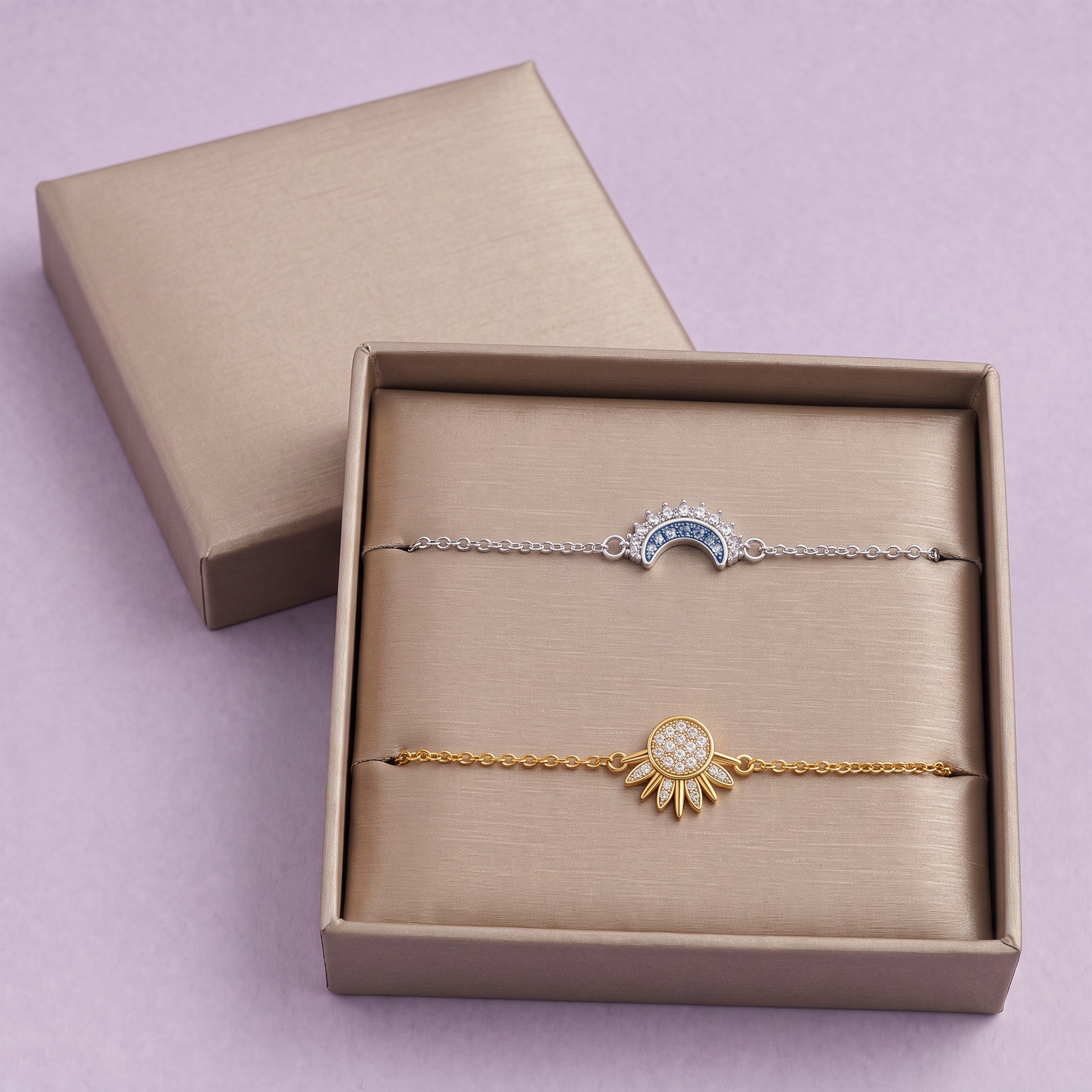 The pair in its taupe gift box