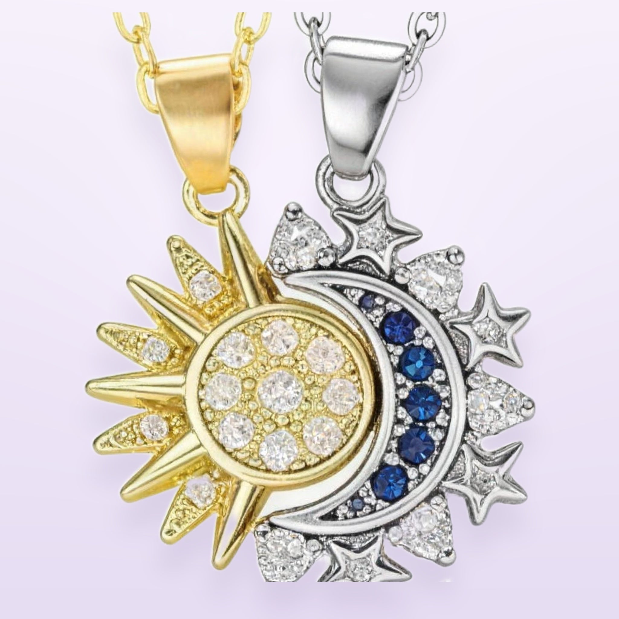 The necklace set — gold sun pendant and silver moon pendant