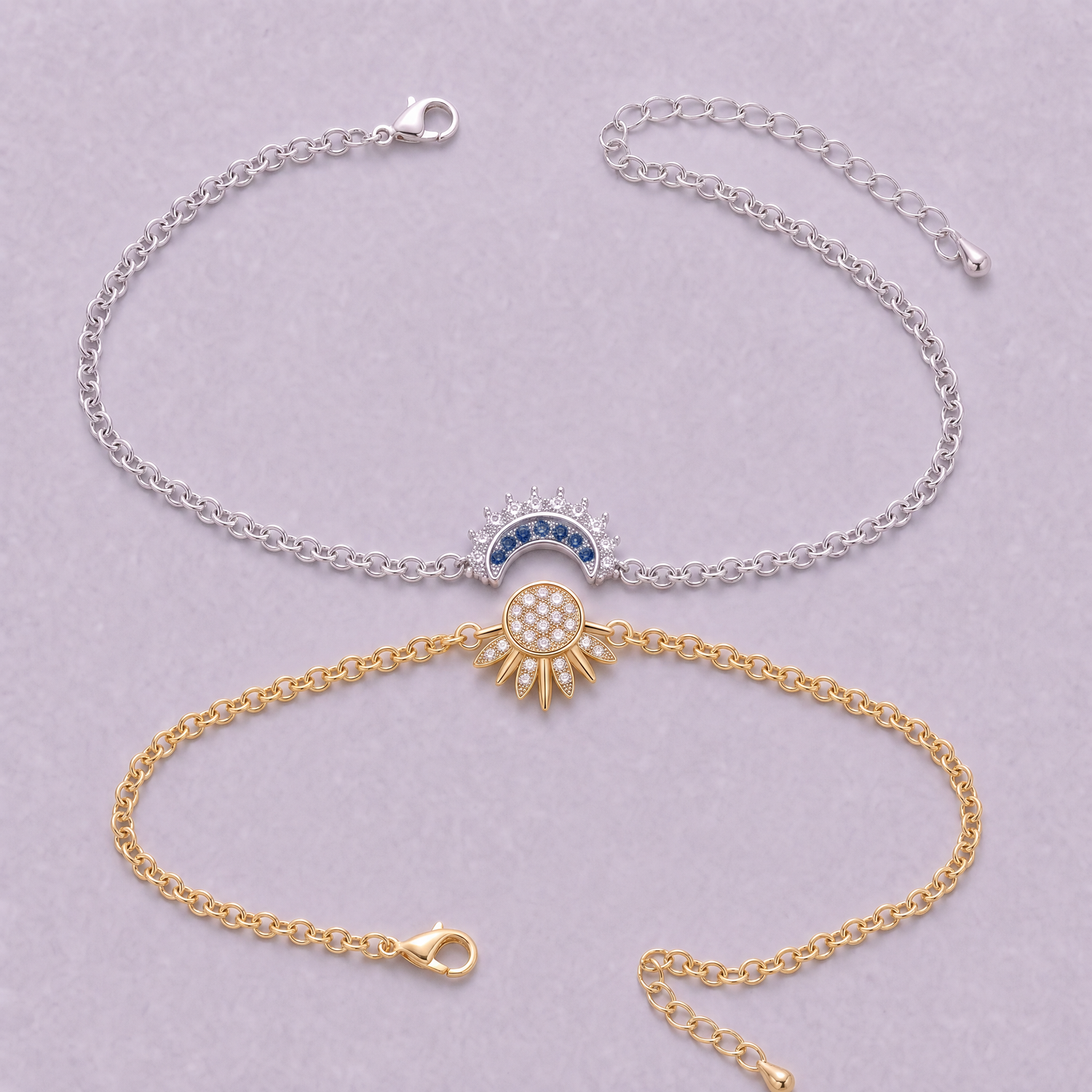 Sun and Moon Set — the pair laid flat, silver moon and gold sun
