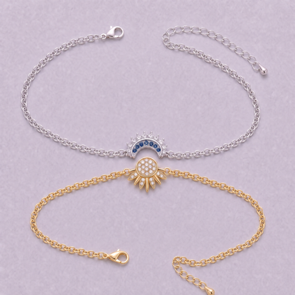 Sun and Moon Set — the pair laid flat, silver moon and gold sun